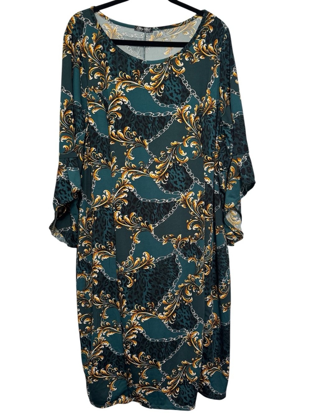 Story Teller Plus Size Teal Gold Baroque Chain Print Scoop Neck Bell Sleeve 3X